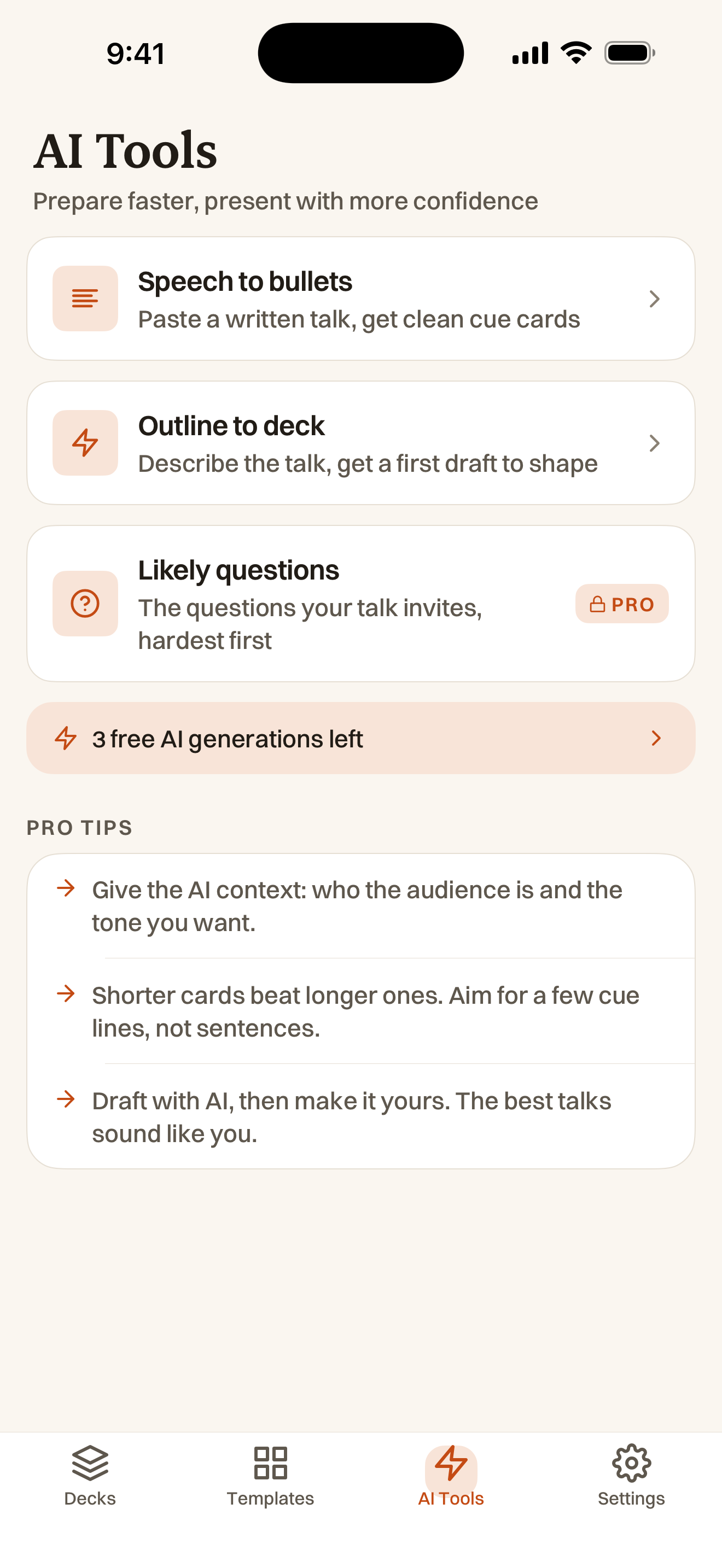 AI Tools screen with Speech to bullets, Outline to deck, Pro Likely questions, and 3 free AI generations left.