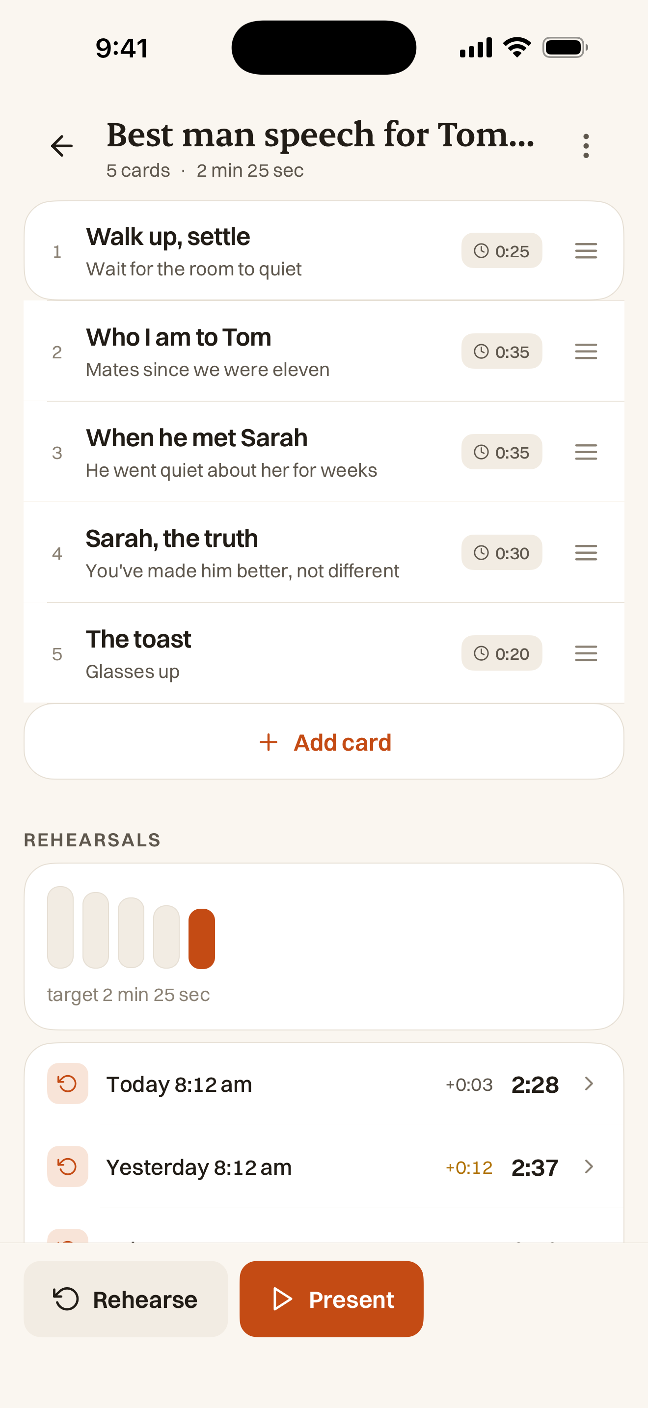 A deck with per-card target times, rehearsal history, and Rehearse and Present buttons.